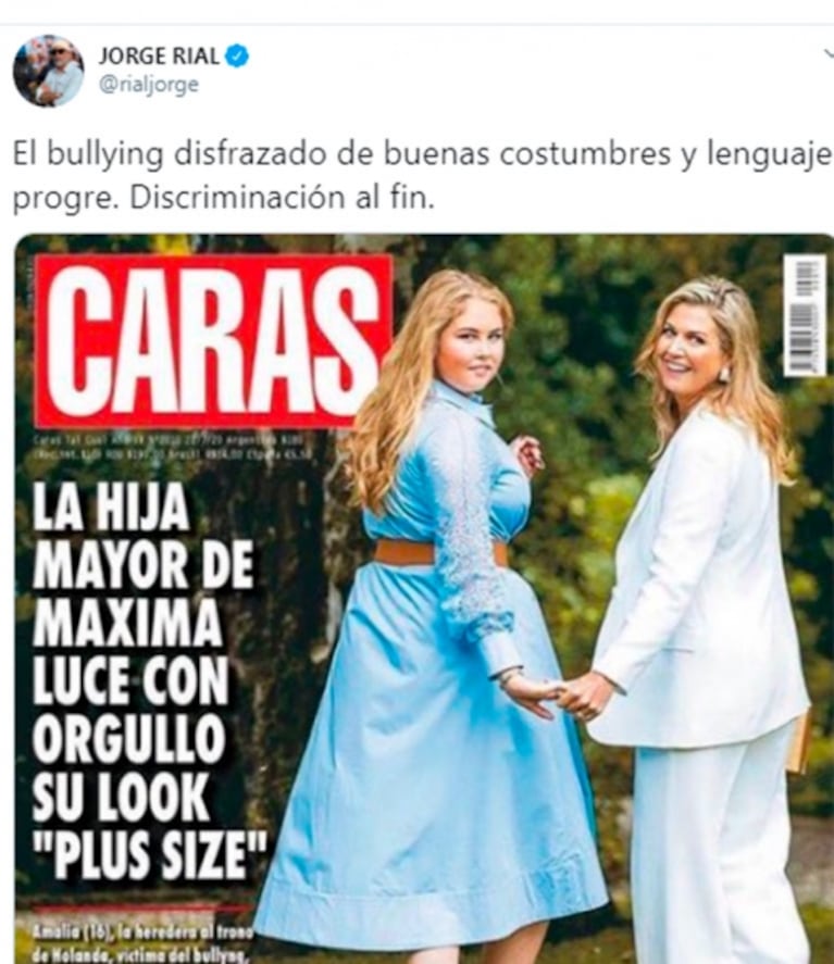 Fuerte tweet de Jorge Rial contra Caras por su polémica tapa de la hija de Máxima: "El bullying disfrazado"