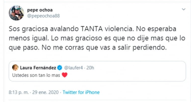 Fuerte tweet de Pepe Ochoa contra Laurita Fernández tras contar que ya no son amigos: "Vas a salir perdiendo"