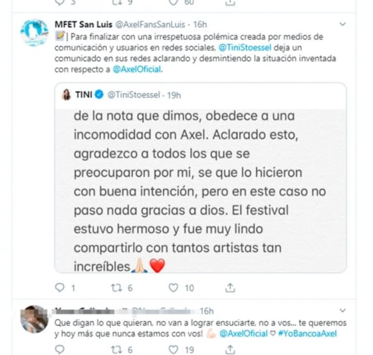 Fuertes "me gusta" de Axel tras la polémica con Tini Stoessel y la acusación de la periodista: "Mentiras por rating"