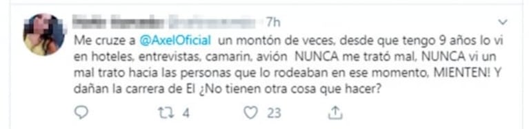 Fuertes "me gusta" de Axel tras la polémica con Tini Stoessel y la acusación de la periodista: "Mentiras por rating"