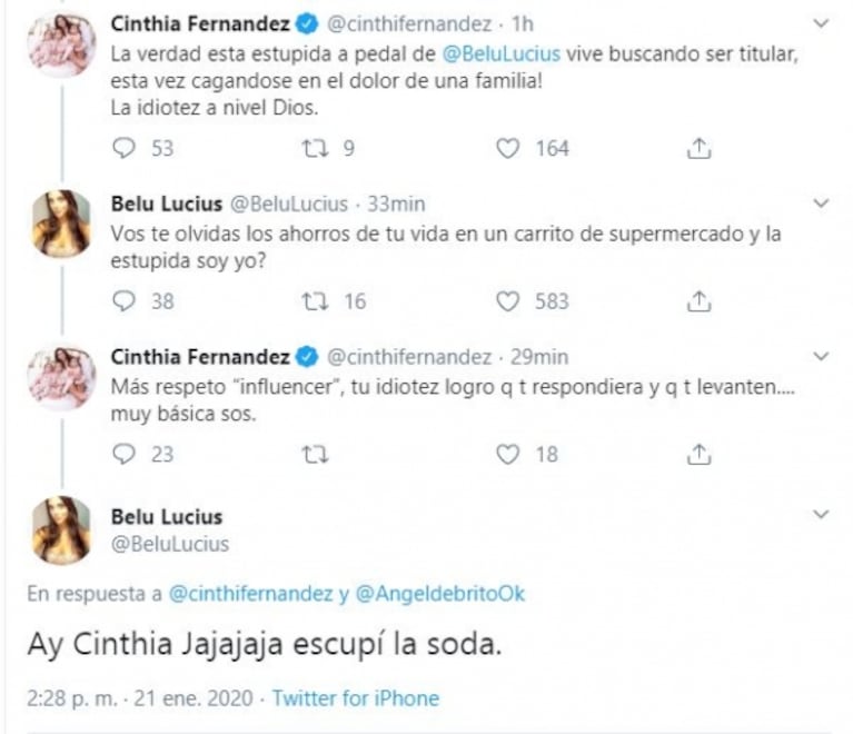 Fuertísimo cruce de Cinthia Fernández con Belu Lucius, tras su opinión del asesinato de Fernando Báez Sosa: "Idiotez nivel Dios"