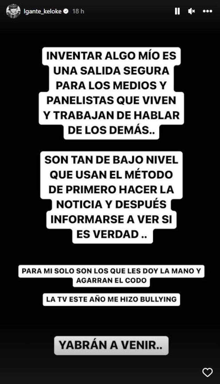 Fuertísimo descargo de L-Gante tras filtrarse que habría hecho un escándalo en el edificio de Wanda Nara: "Este año, la televisión me hizo bullying"