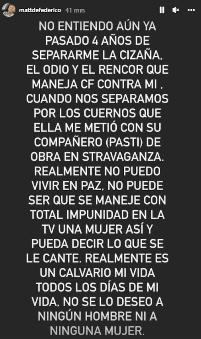 Fuertísimo descargo de Matías Defederico tras las acusaciones de Cinthia Fernández en Año Nuevo: "Mi vida es un calvario"