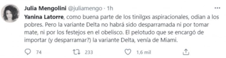 Fuertísimo tweet de Julia Mengolini contra Yanina Latorre: "Como buena parte de los tilingos aspiracionales odia a los pobres"