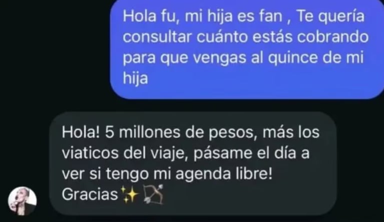 Furia desmintió haber pedido 5 millones de pesos por ir a un cumpleaños de 15.