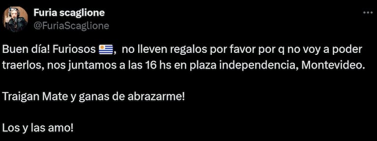 Furia pidió que no le lleven regalos al encuentro.