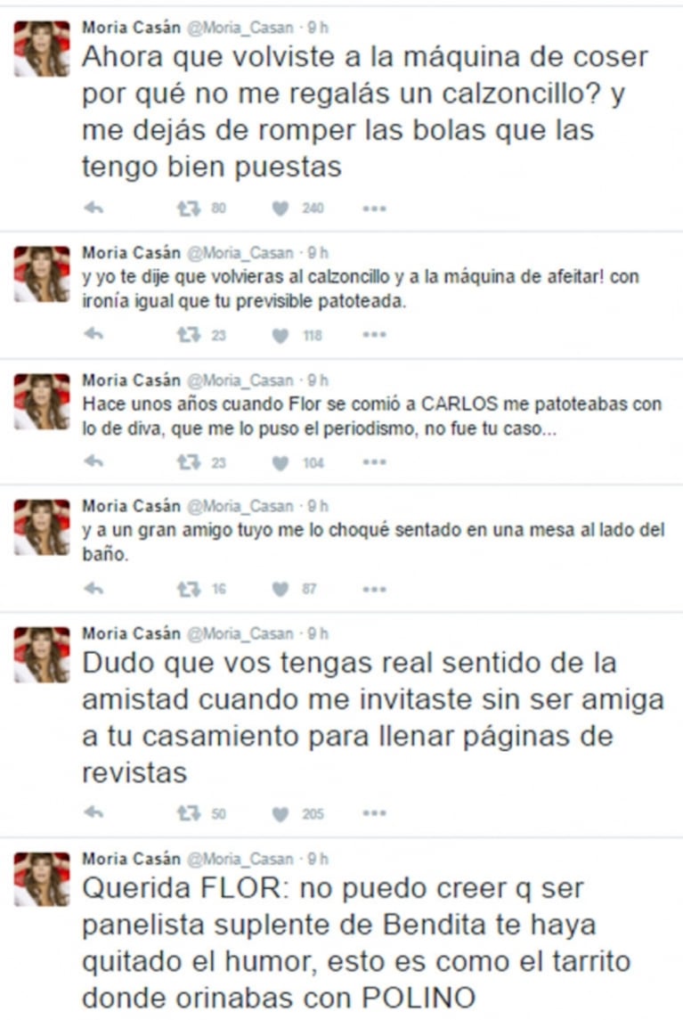 Furibunda catarata de tweets de Moria contra Flor de la Ve: "¿Por qué no me dejás de romper las bolas?"