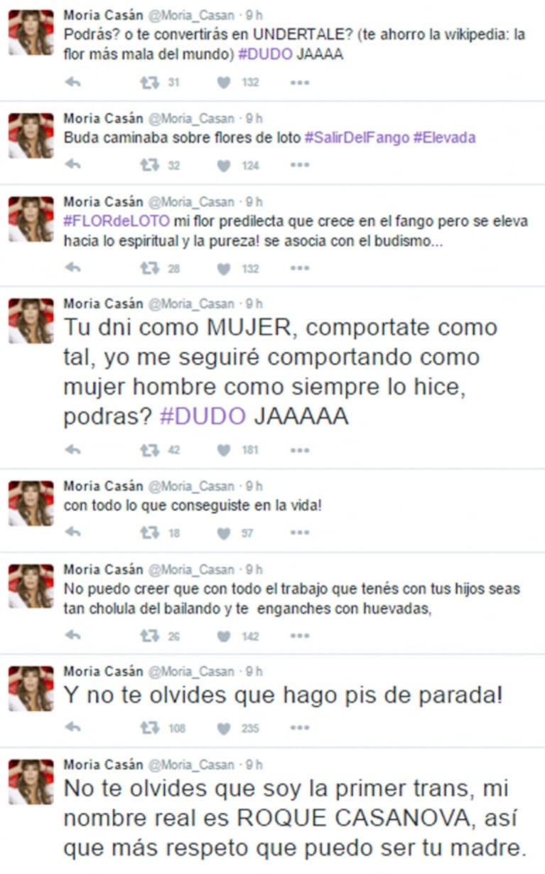 Furibunda catarata de tweets de Moria contra Flor de la Ve: "¿Por qué no me dejás de romper las bolas?"