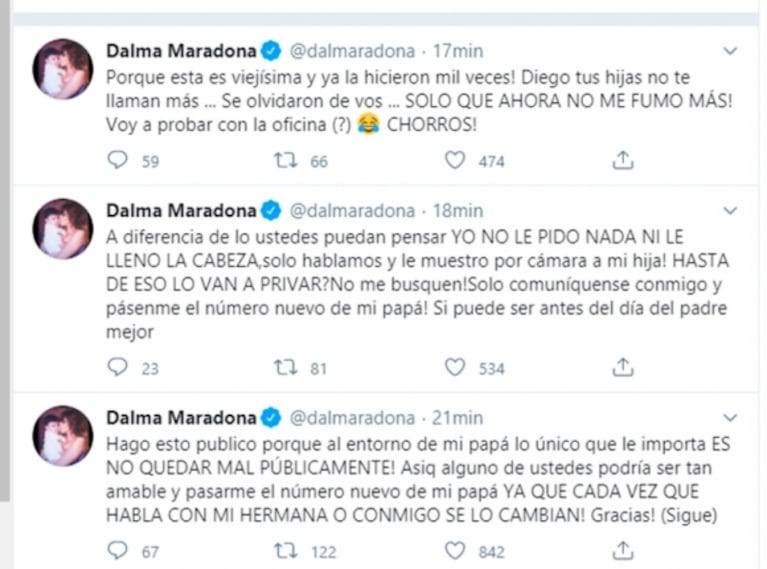 Furiosa catarata de tweets de Dalma Maradona contra el entorno de Diego: "¡No me busquen y pasen su nuevo teléfono!"