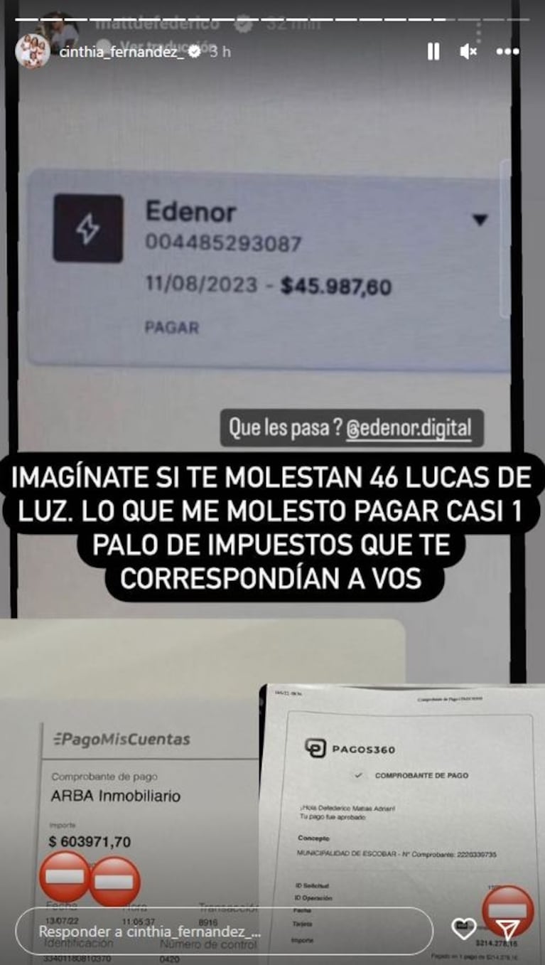 Furiosa reacción de Cinthia Fernández después de que Matías Defederico se quejara por pagar casi 50 mil pesos de luz: "Las vueltas de la vida"