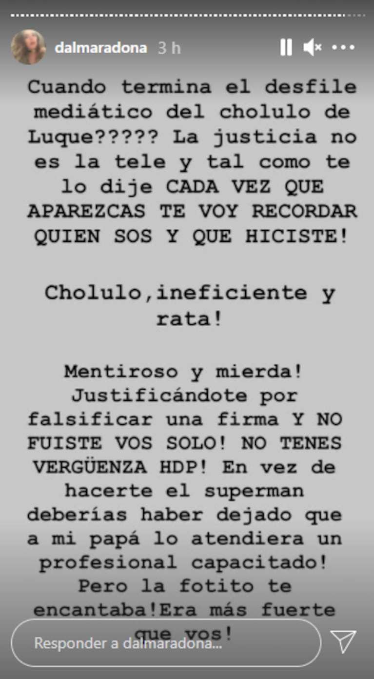 Furioso ataque de Dalma Maradona a Leopoldo Luque por su "desfile mediático": "¡Cholulo, ineficiente y rata!"