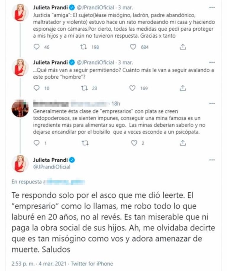 Furioso cruce de Julieta Prandi con sus seguidores de Twitter por el conflicto con su exmarido: "Él es tan misógino como vos"