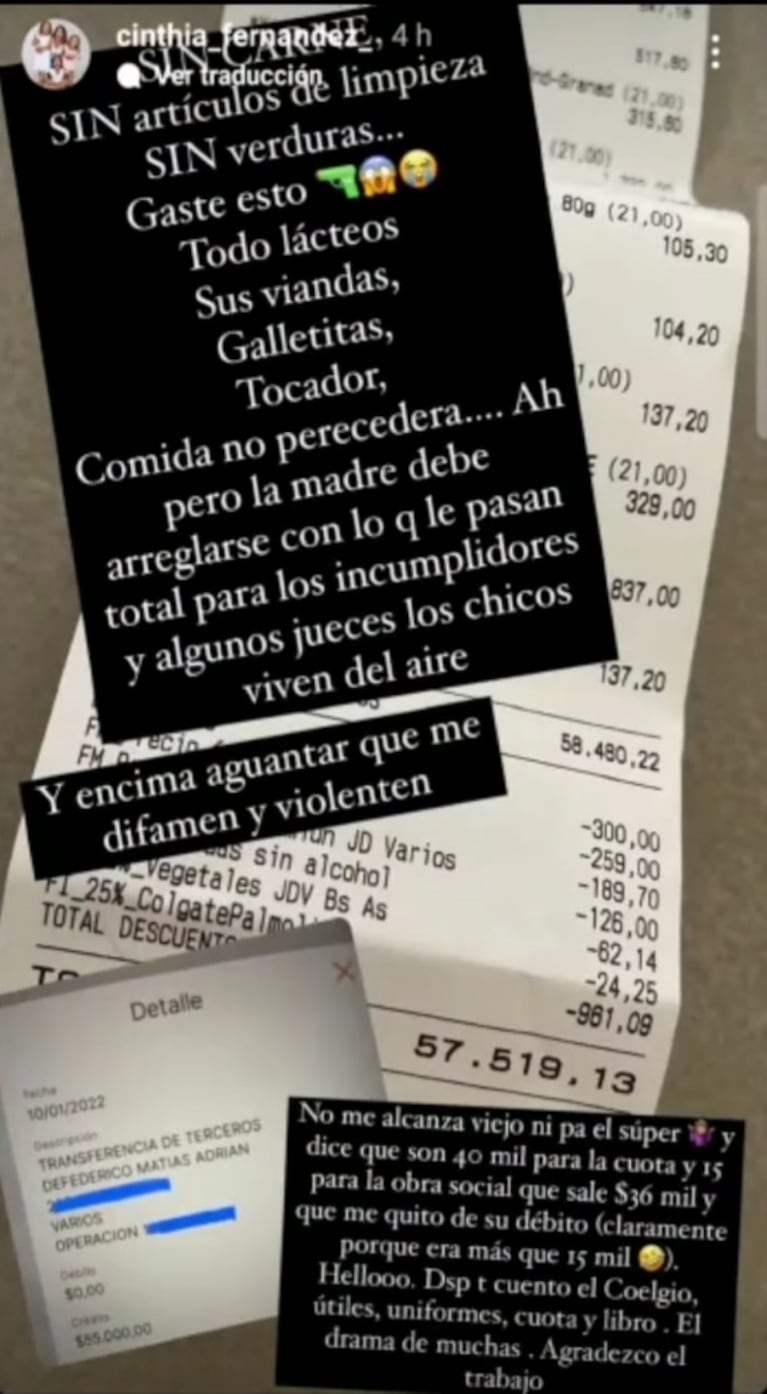 Furioso descargo de Cinthia Fernández por no poder pagar el supermercado con la cuota que le pasa Defederico: "Encima tengo que aguantar que me difamen"