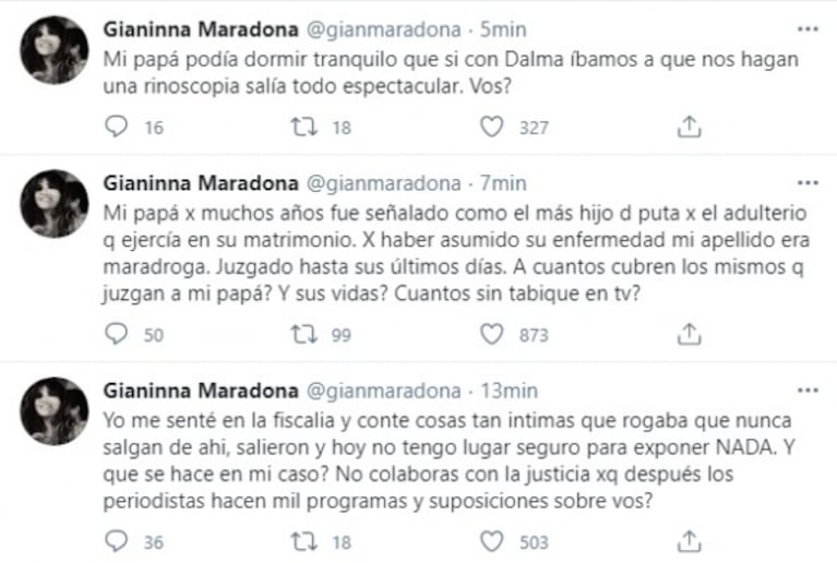 Furioso descargo de Gianinna Maradona: “Papá sabía que si con Dalma nos hacíamos una rinoscopia salía bien; ¿vos?"