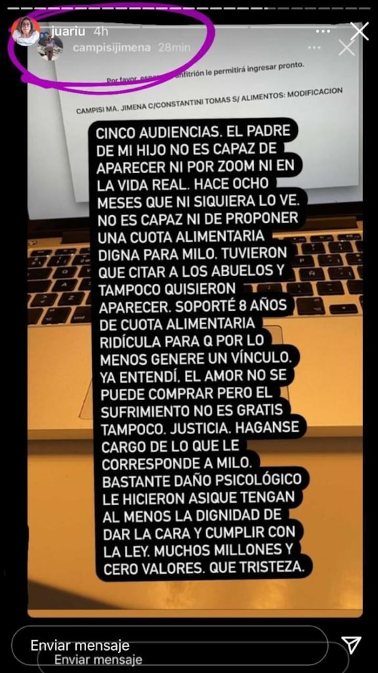 Furioso reclamo de Jimena Campisi a Tomás Costantini y su familia por no hacerse cargo de su hijo: "Muchos millones y cero valores" 