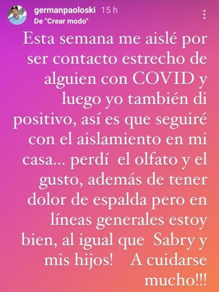Germán Paoloski dio positivo de coronavirus y contó cómo se siente: "Perdí el gusto, el olfato y me duele la espalda"