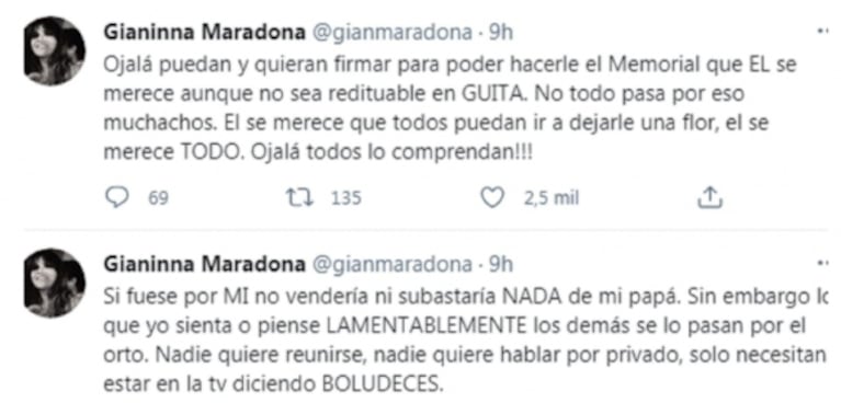 Gianinna Maradona apuntó contra sus hermanos por la subasta de bienes de Diego: "Si fuese por mí, no vendería nada de mi papá"