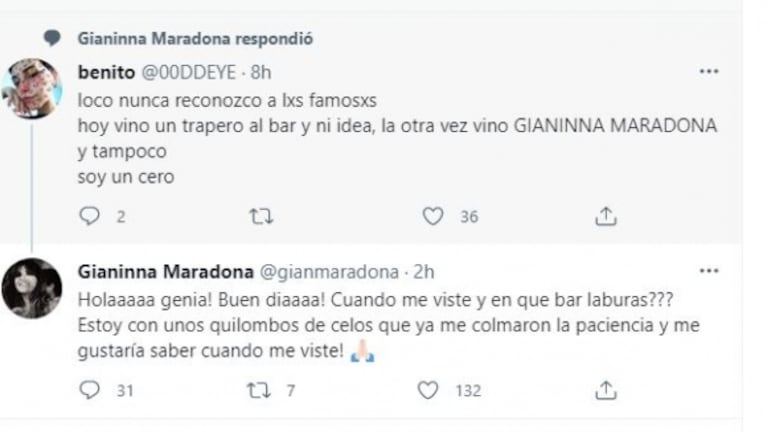 Gianinna Maradona cruzó a una seguidora que dijo haberla visto en un bar y le trajo problemas con Daniel Osvaldo: "Estoy con unos quilombos de celos"