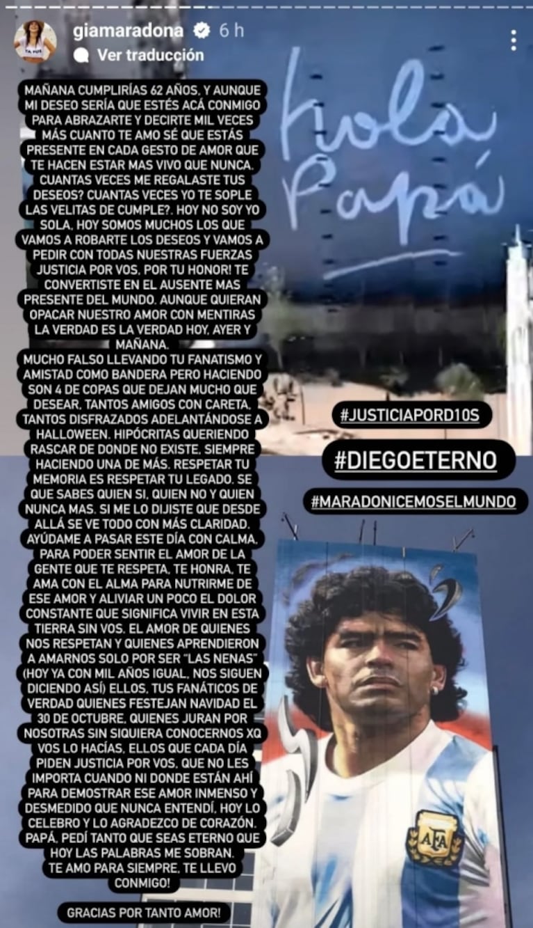 Gianinna Maradona hizo un pedido de justicia para Diego en su cumpleaños 62