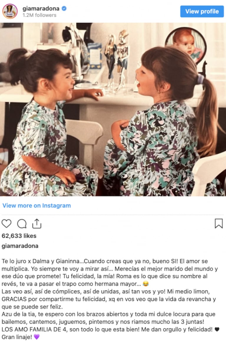 Gianinna Maradona le dedicó un conmovedor mensaje a Dalma por su embarazo: "Me das orgullo"