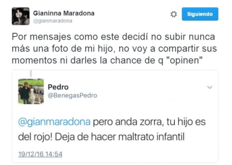 Gianinna Maradona mostró a Benjamín con Tevez y recibió una desubicada crítica que la enfureció: "Por mensajes como éste, decidí no subir nunca más una foto de mi hijo"