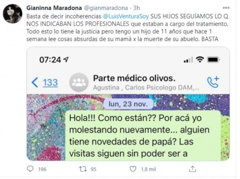 Gianinna Maradona mostró reveladores chats con el psicólogo de Diego, dos días antes de su muerte: "Tiene ganas de estar solo"