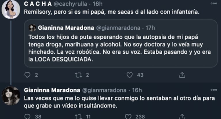 Gianinna Maradona reaccionó fuerte cuando le recriminaron no haber cuidado a Diego: "Las veces que me lo quise llevar conmigo lo sentaban a grabar un video insultándome"