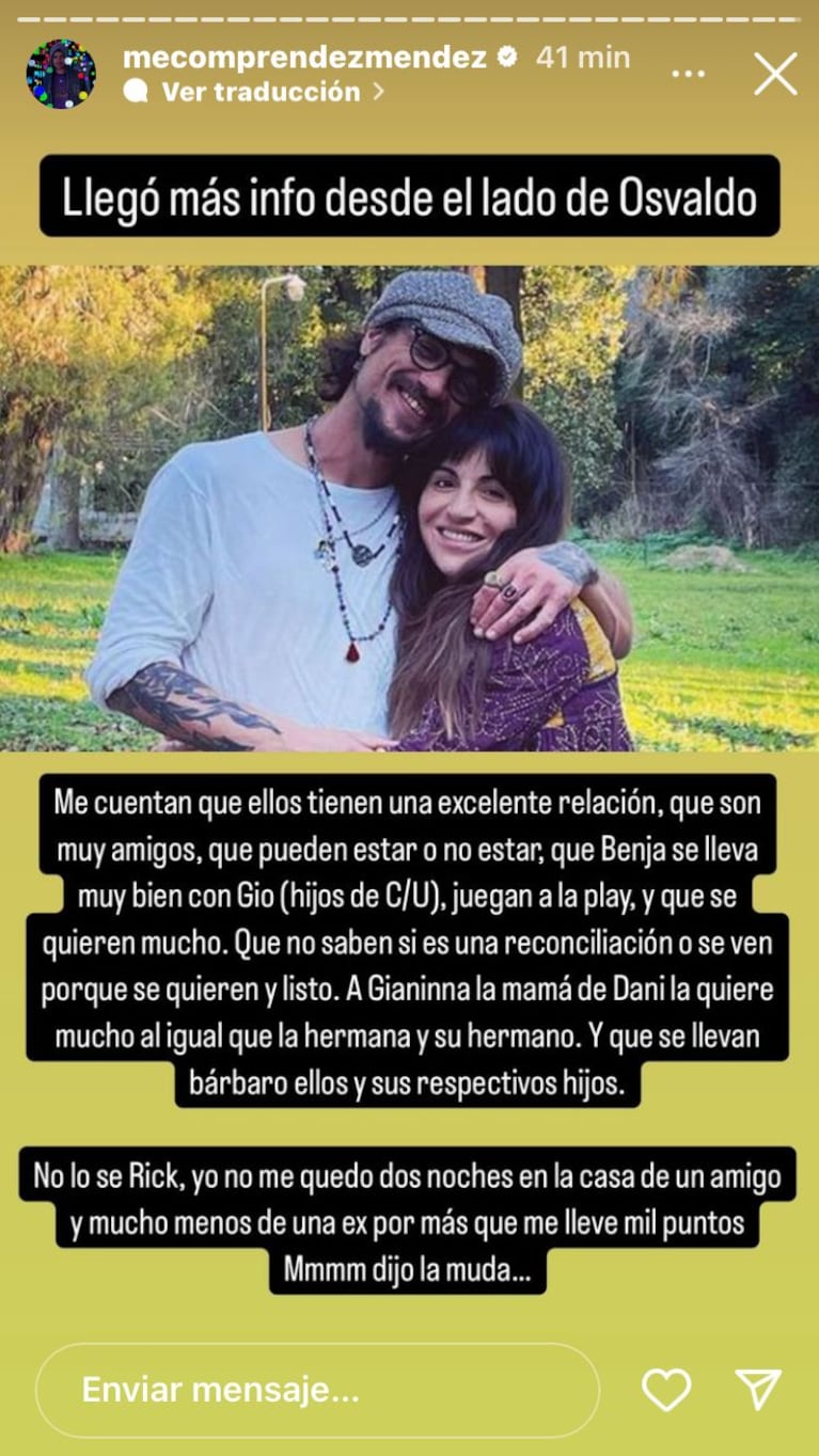 Gianinna Maradona se habría reconciliado con Daniel Osvaldo (captura: Instagram @mecomprendezmendez).