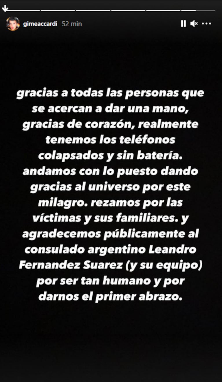 Gimena Accardi, tras salvarse del derrumbe en Miami con Nico Vázquez: "Andamos con lo puesto dando gracias al universo por este milagro"