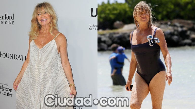 Goldie Hawn lució su figura en la playa de Hawaii (Fotos: AFP y GrosbyGroup).