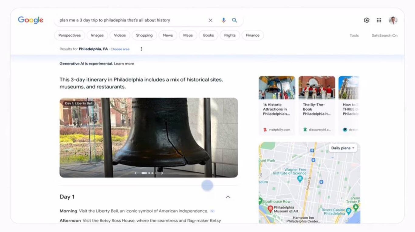 Google permitirá crear itinerarios de viaje con IA gracias a la experiencia generativa de búsqueda