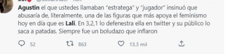 Gran Hermano 2022: Agustín hizo un repudiable comentario sobre Lali Espósito y lo destrozaron en las redes