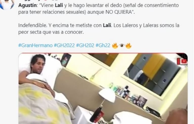 Gran Hermano 2022: Agustín hizo un repudiable comentario sobre Lali Espósito y lo destrozaron en las redes