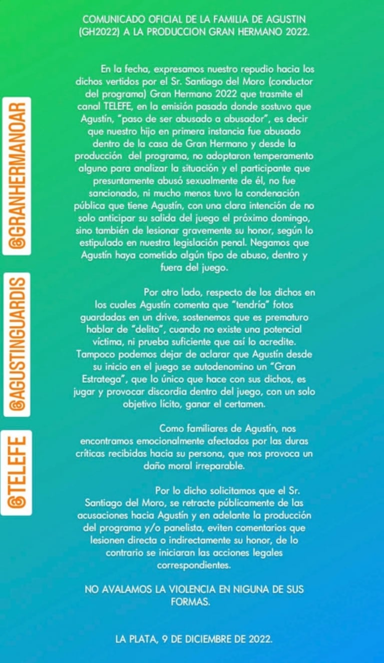 Gran Hermano 2022: la familia de Agustín publicó un duro comunicado contra Santiago del Moro