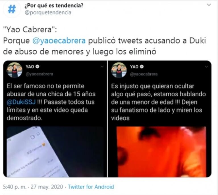 Grave acusación pública contra Duki: el youtuber Yao Cabrera aseguró que abusó de una menor y publicó un video sexual