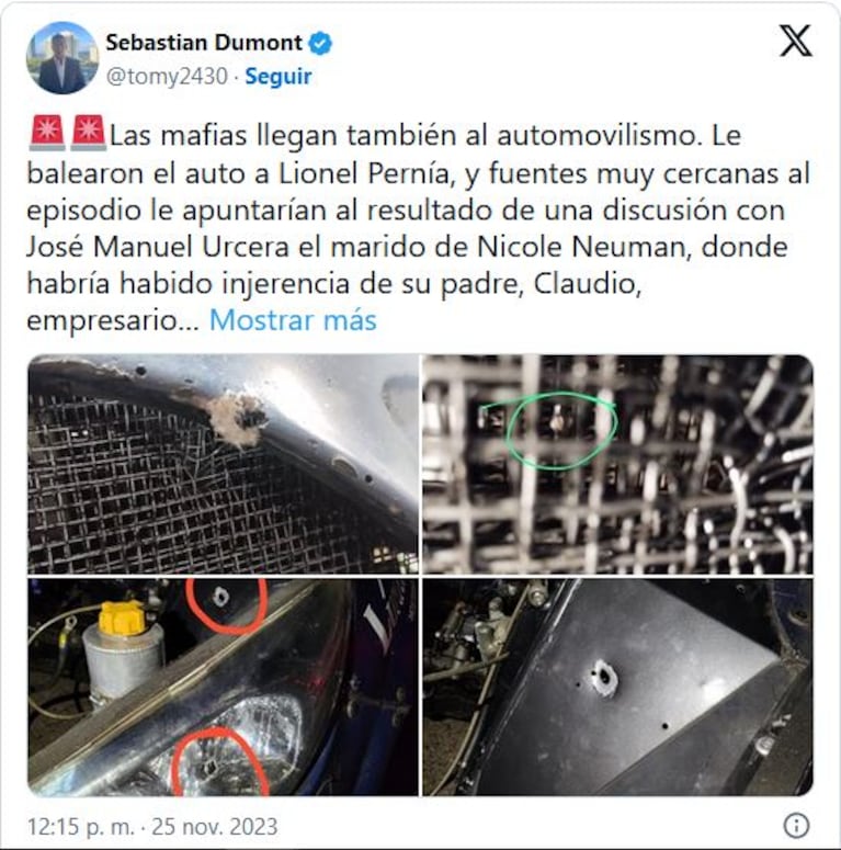 Gravísima acusación contra Manu Urcera tras la balacera al auto de Leonel Pernía