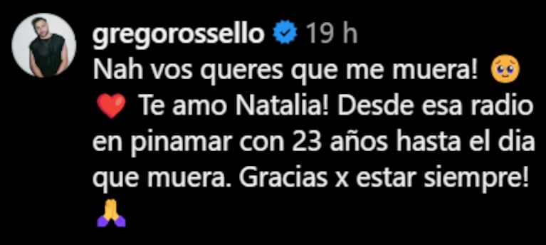 Grego respondió cariñoso al posteo de Nati.