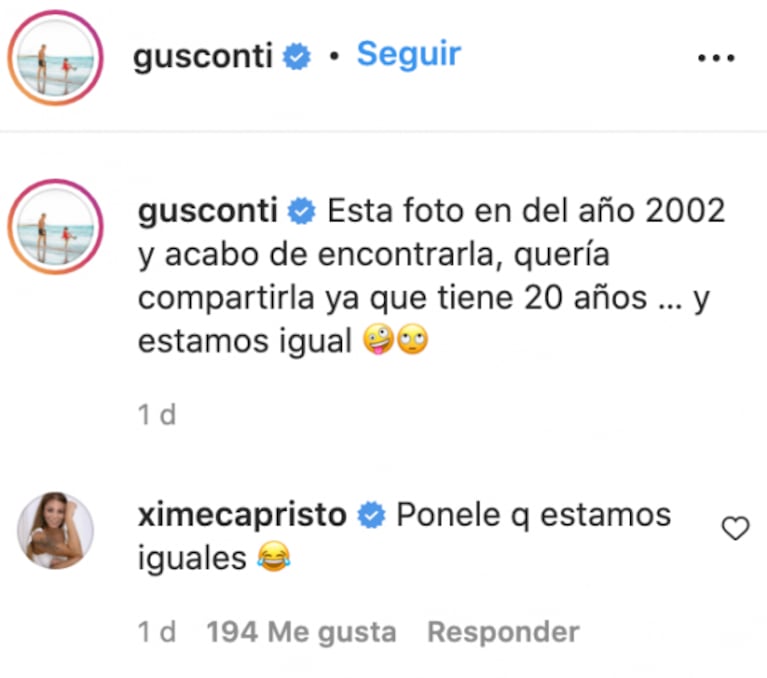 Gustavo Conti se sorprendió al ver una foto retro con Ximena Capristo: "Tiene 20 años ¡y estamos iguales!"