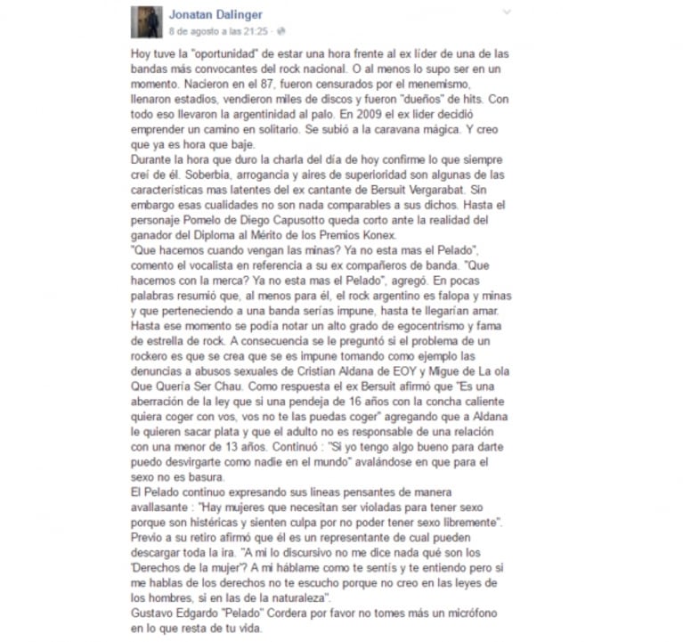 Gustavo Cordera y una fuerte polémica por sus declaraciones: "Hay mujeres que necesitan ser violadas para tener sexo"