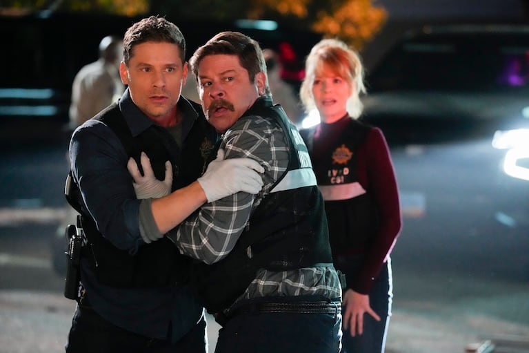 “Health and Wellness” – As the CSI team investigates the death of a man visiting Las Vegas for a health and wellness convention, a fiery explosion traps Allie Rajan in the basement of an abandoned hospital, on the CBS Original series CSI: VEGAS, Sunday, March 17 (10:00-11:00 PM, ET/PT) on the CBS Television Network and also available on the CBS app and streaming on Paramount+*. Pictured: Matt Lauria as Josh Folsom, Lex Medlin as Beau Finado and Marg Helgenberger as Catherine Willows. Photo: Robert Voets/CBS ©2024 CBS Broadcasting, Inc. All Rights Reserved. 