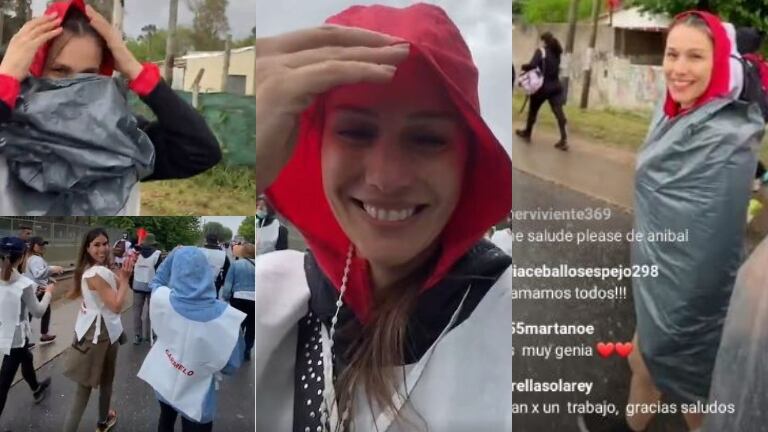 Pampita fue sorprendida por la lluvia en su peregrinación a Luján para cumplir su promesa: "Me pongo una bolsa de basura y listo"