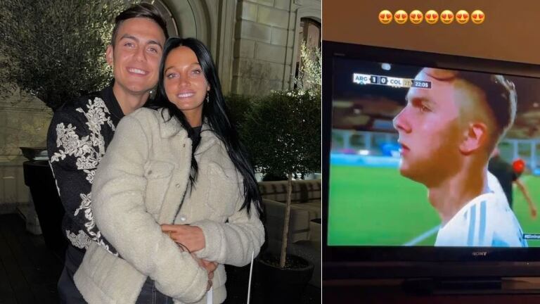 El festejo de Oriana Sabatini tras el ingreso de Paulo Dybala en el partido que ganó la Selección Argentina frente a Colombia