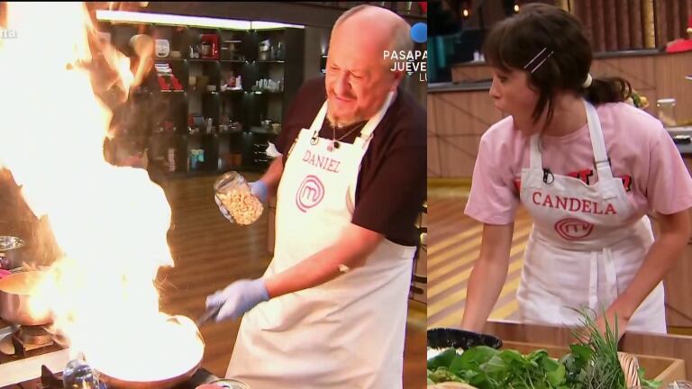 Cande Vetrano, preocupado, luego de que Daniel Araóz manipulara su plato con fuego en Masterchef: "¡Estás loco, no hagas eso!"