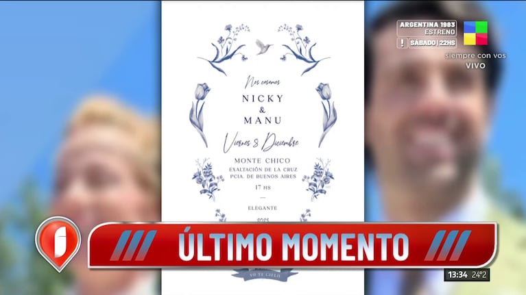 Invitación de la boda de Nicole Neumann y Manu Urcera.