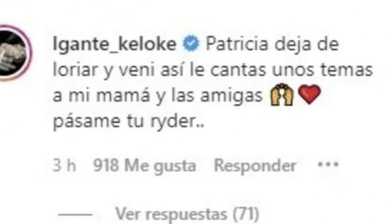 Irónica reacción de L-Gante luego de que Patricia Sosa criticara su música: "Vení, así le cantás algunos temas a mi mamá"