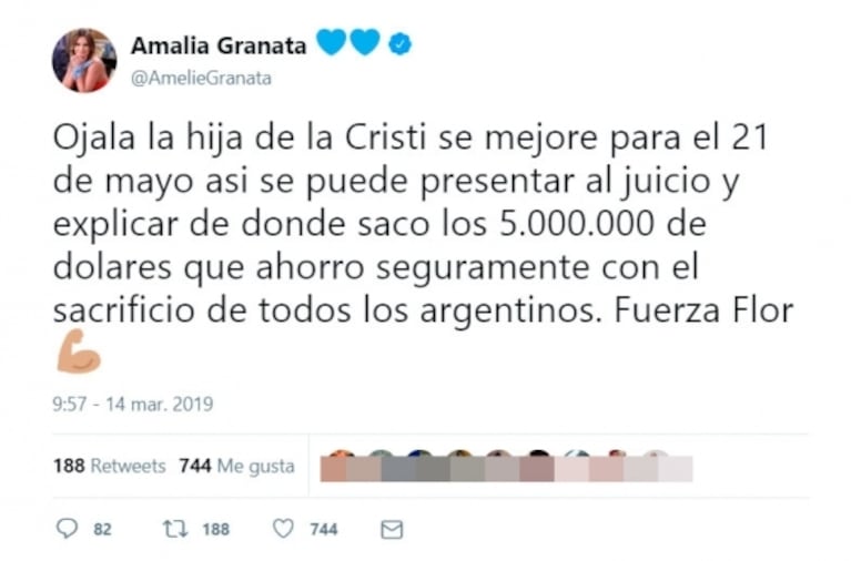 Irónico tweet de Amalia Granata al conocerse el problema de salud de la hija de Cristina Fernández de Kirchner