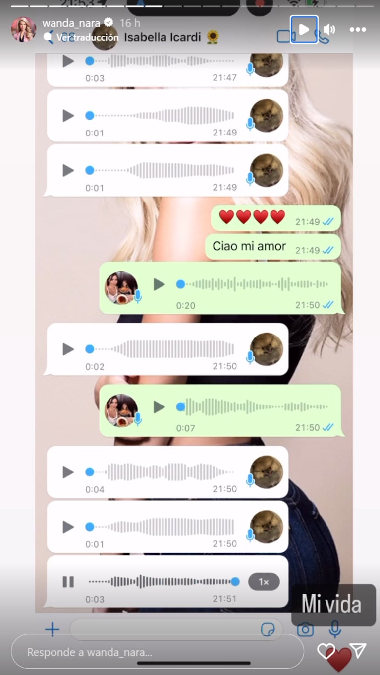 Isabella Icardi, la hija de Wanda Nara, le envió tiernos audios por WhatsApp y ella los compartió en sus redes