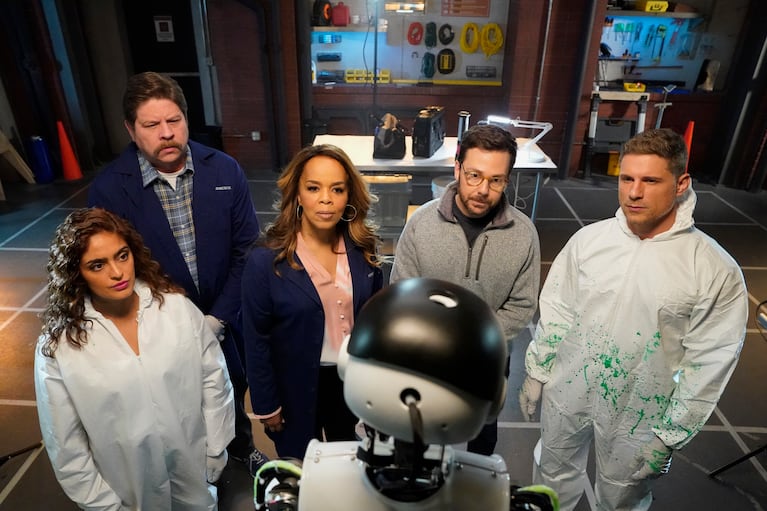 “It Was Automation” – When a mechanic is found murdered in a dark factory, the CSI team investigates whether the perpetrator was human or a humanoid robot with an AI operating system, on the CBS Original series CSI: VEGAS, Sunday, March 24 (9:00-10:00 PM, ET/PT) on the CBS Television Network and streaming on Paramount+ (live and on-demand for Paramount+ with SHOWTIME subscribers, or on-demand for Paramount+ Essential subscribers the day after the episode airs)*. Pictured: Mandeep Dhillon as Allie Rajan, Lex Medlin as Beau Finado, Paula Newsome as Maxine Roby, Gabriel Tigerman as Cliff Roland and Matt Lauria as Josh Folsom. Photo: Robert Voets/CBS ©2024 CBS Broadcasting, Inc. All Rights Reserved. 