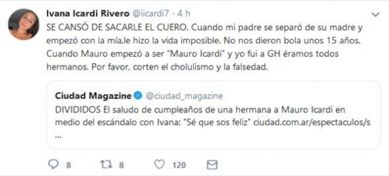 Ivana Icardi fulminó a su hermana Aldana tras festejar el cumple de Mauro: "Corten el cholulismo y falsedad"