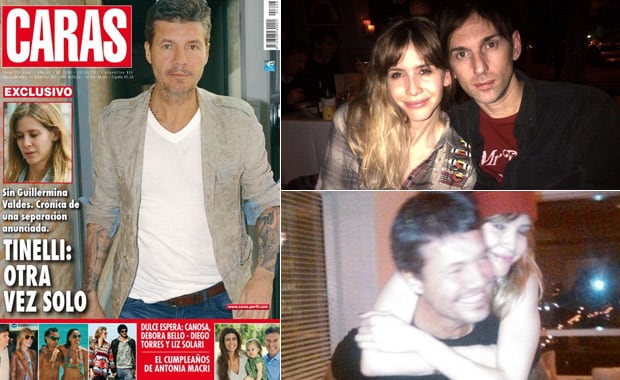 Izq: la tapa de Caras con el rumor. Der: arriba, Guillermina con su amigo Fabián Paz. Abajo, Tinelli y Valdés juntos.